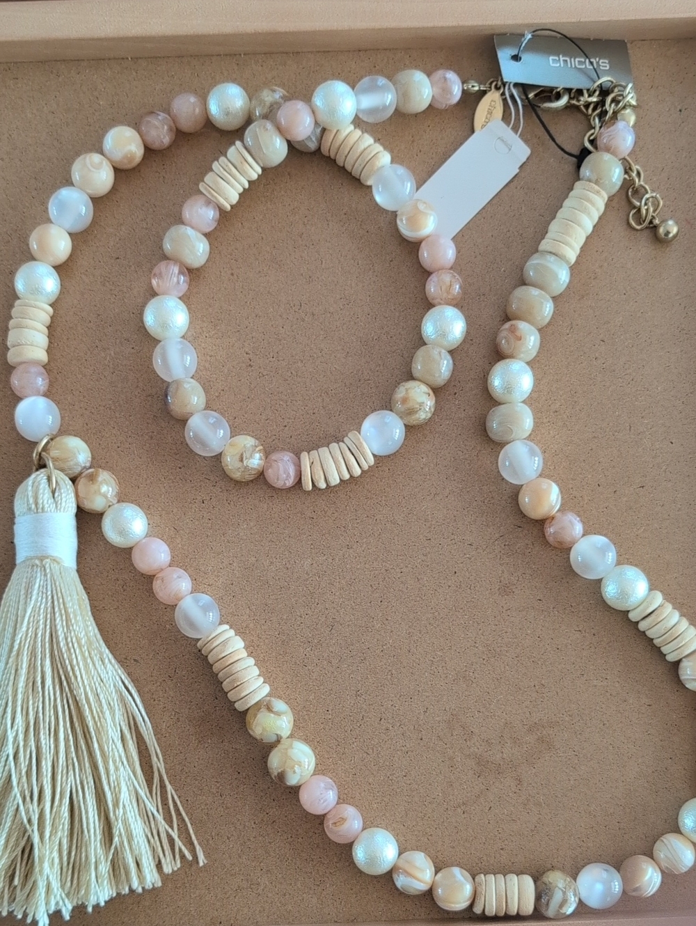 Chico's Cream, Pink & Pearl Beaded Necklace with Tassel